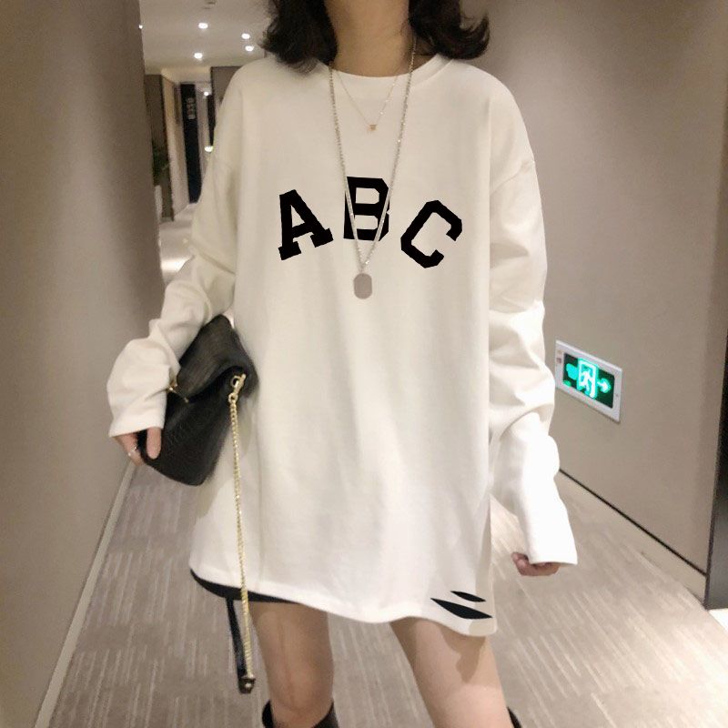 長袖T恤女加絨內搭白色打底衫韓版洋氣寬鬆百搭破洞中長款上衣潮