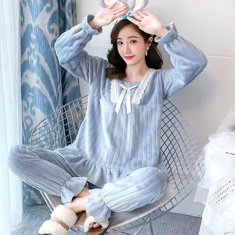 睡衣女冬季珊瑚絨加厚甜美蕾絲花邊法蘭絨保暖家居服兩件套可外穿