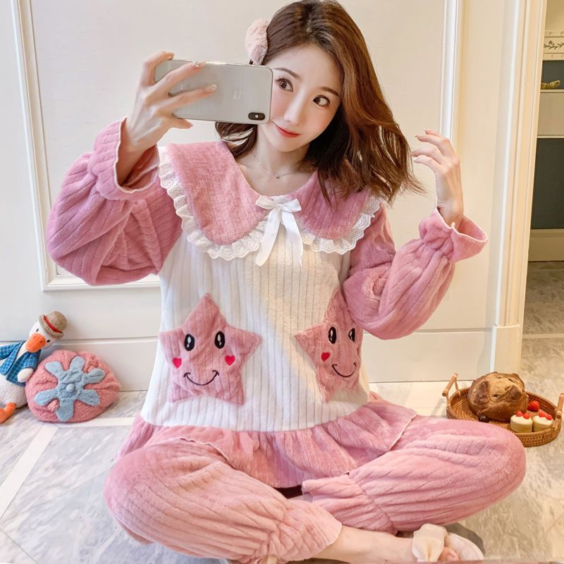 Coral fleece pajamas women's 2022 autumn and winter plus velvet thick flannel sweet cartoon home service two sets