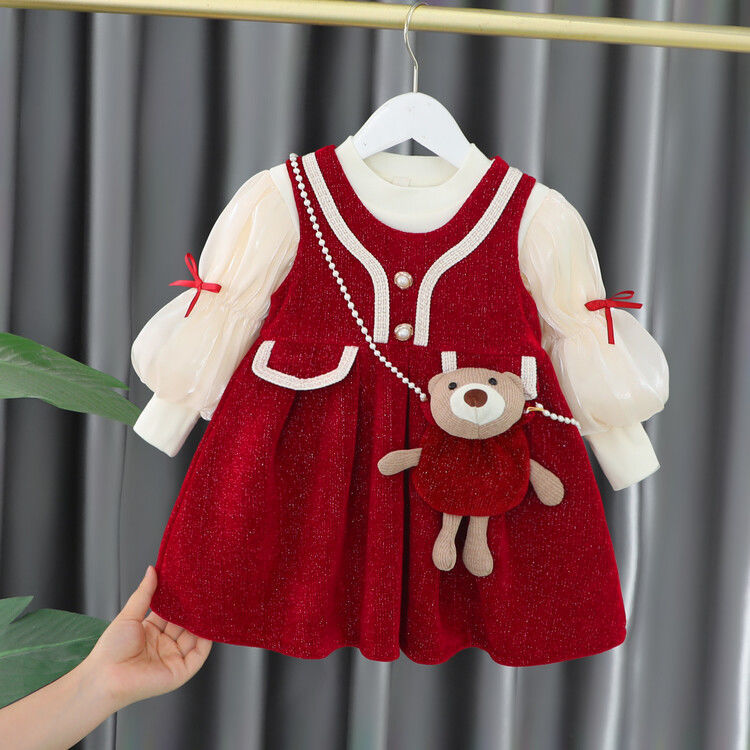 2023 Baby Girl Winter Velvet Princess Dress Birthday Red Dress Girls Dress Two-piece Infant Suit Trendy