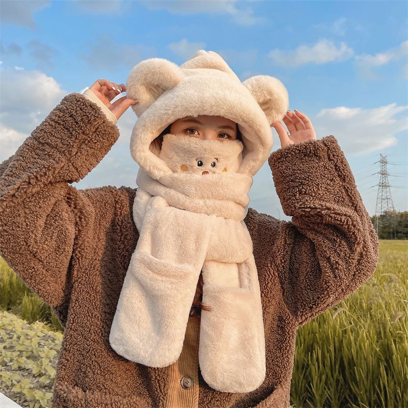 新款可爱小熊护耳保暖防风口罩手套帽子围巾一体四件套女冬潮