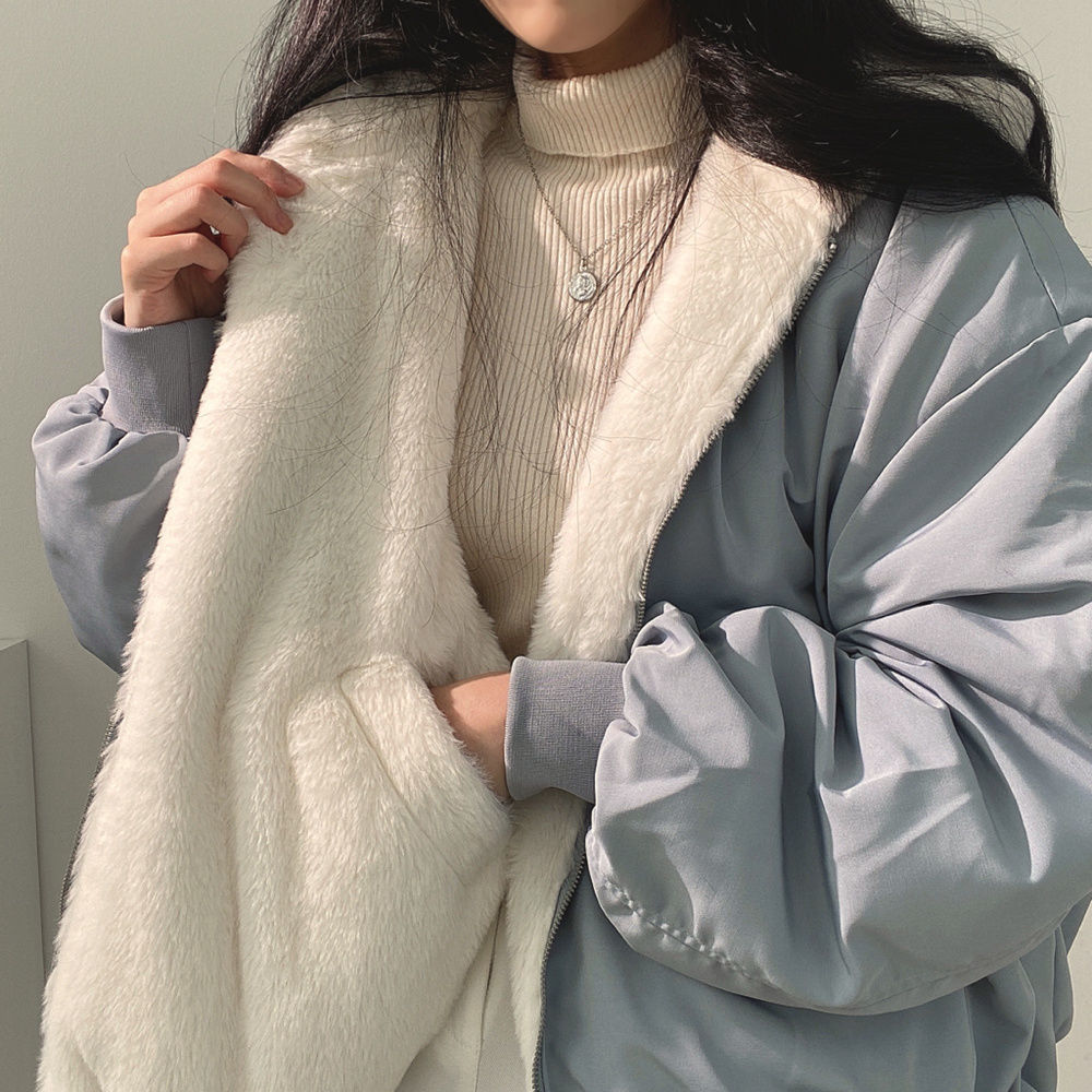 Korean plush and thick double-sided lamb wool for women's clothing, winter new zippered hooded cotton jacket top_voghion.com