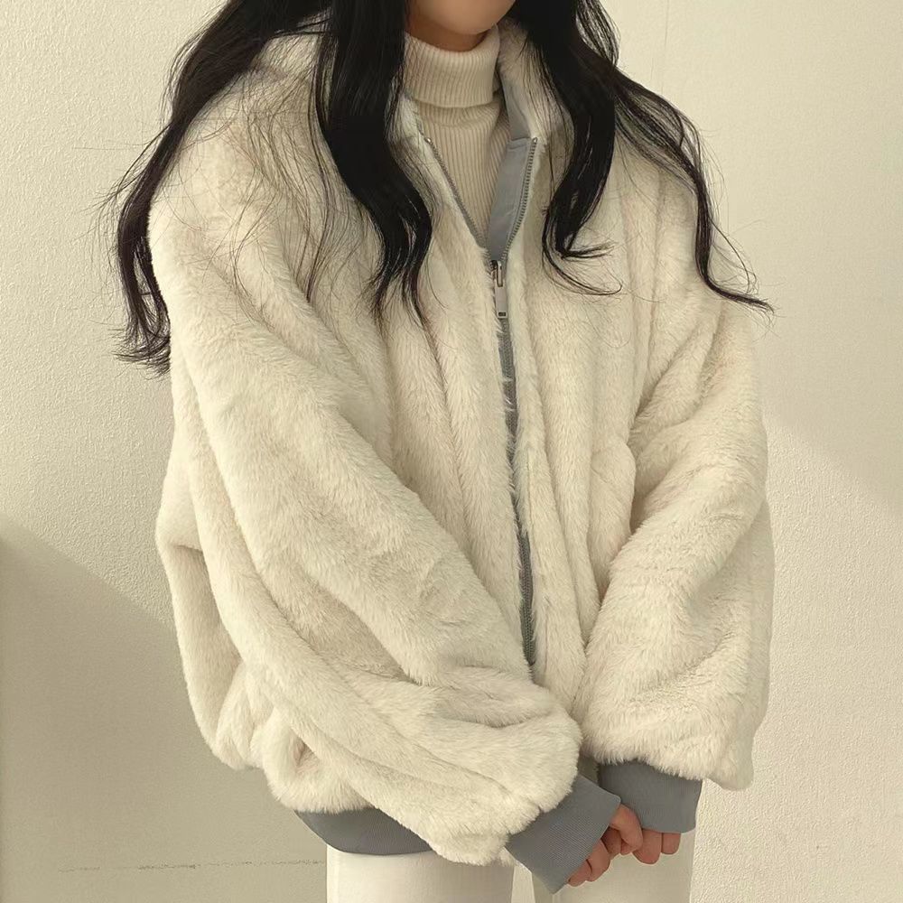Korean plush and thick double-sided lamb wool for women's clothing, winter new zippered hooded cotton jacket top_voghion.com