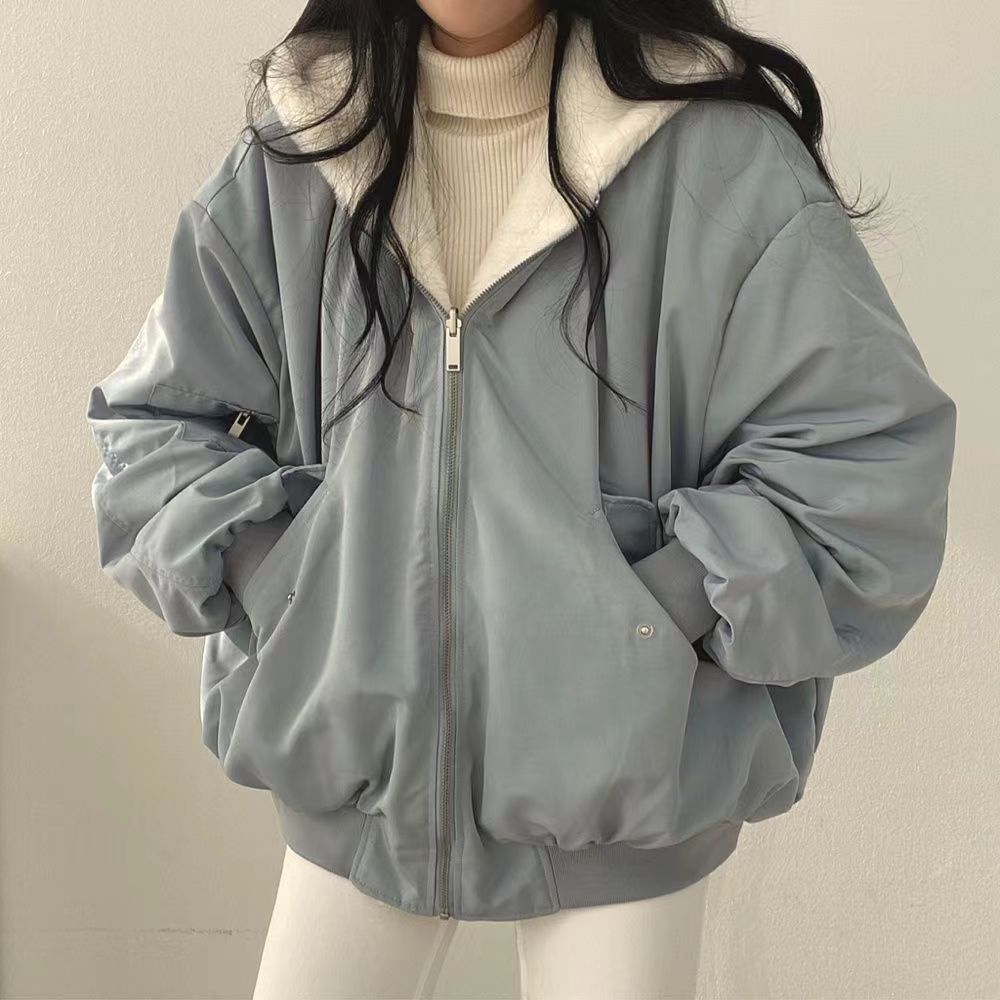Korean plush and thick double-sided lamb wool for women's clothing, winter new zippered hooded cotton jacket top_voghion.com