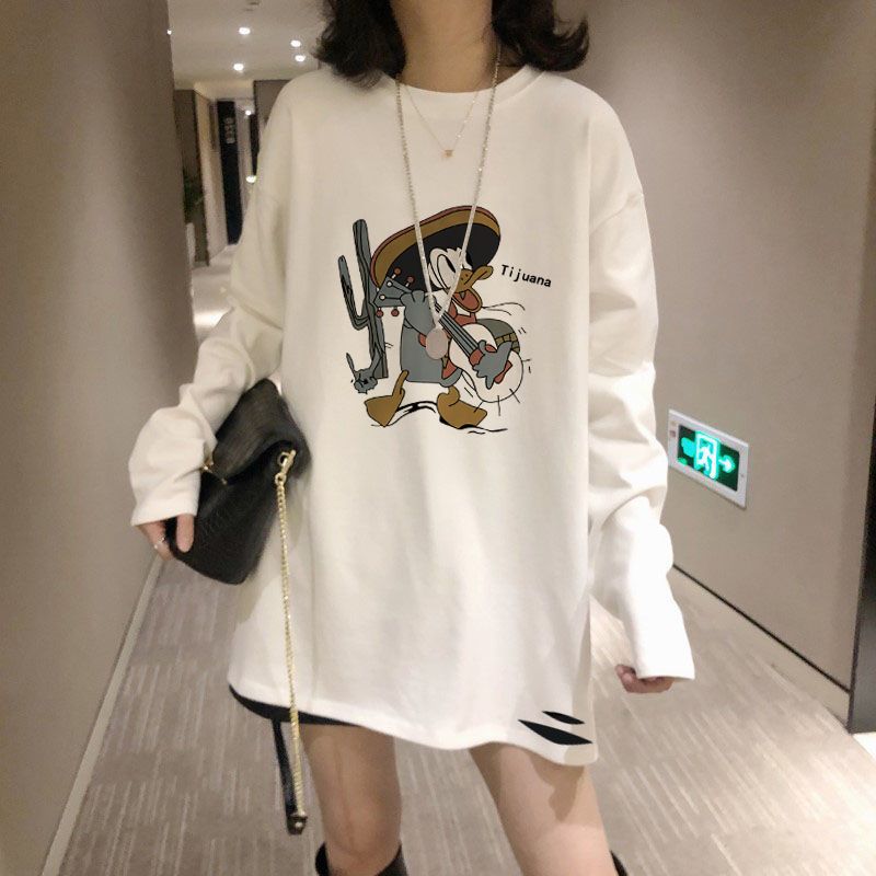 純棉長袖t恤女秋冬白色加絨加厚打底衫女內搭破洞中長款上衣洋氣