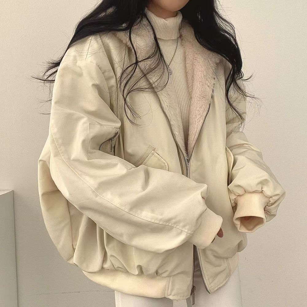 Korean plush and thick double-sided lamb wool for women's clothing, winter new zippered hooded cotton jacket top_voghion.com