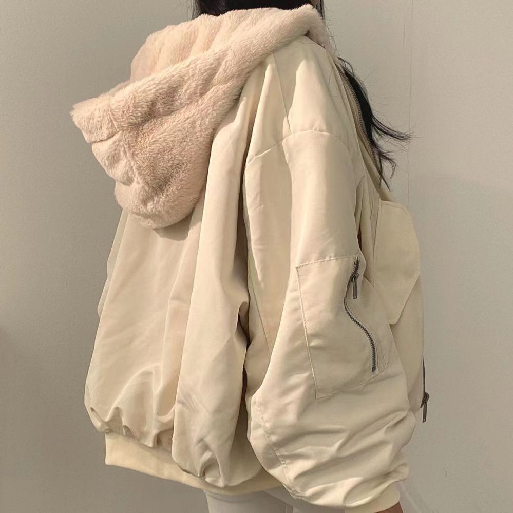 Korean plush and thick double-sided lamb wool for women's clothing, winter new zippered hooded cotton jacket top_voghion.com