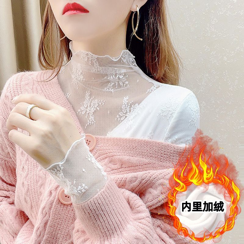 加絨半高領蕾絲打底衫秋冬洋氣厚款小衫毛衣內搭紗衣白色網紗上衣