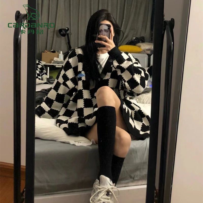 Cardan Road Checkerboard Sweater Women's Early Autumn and Winter New Milk Line Wearing Small Fragrant Style Knitted Cardigan Jacket Tops