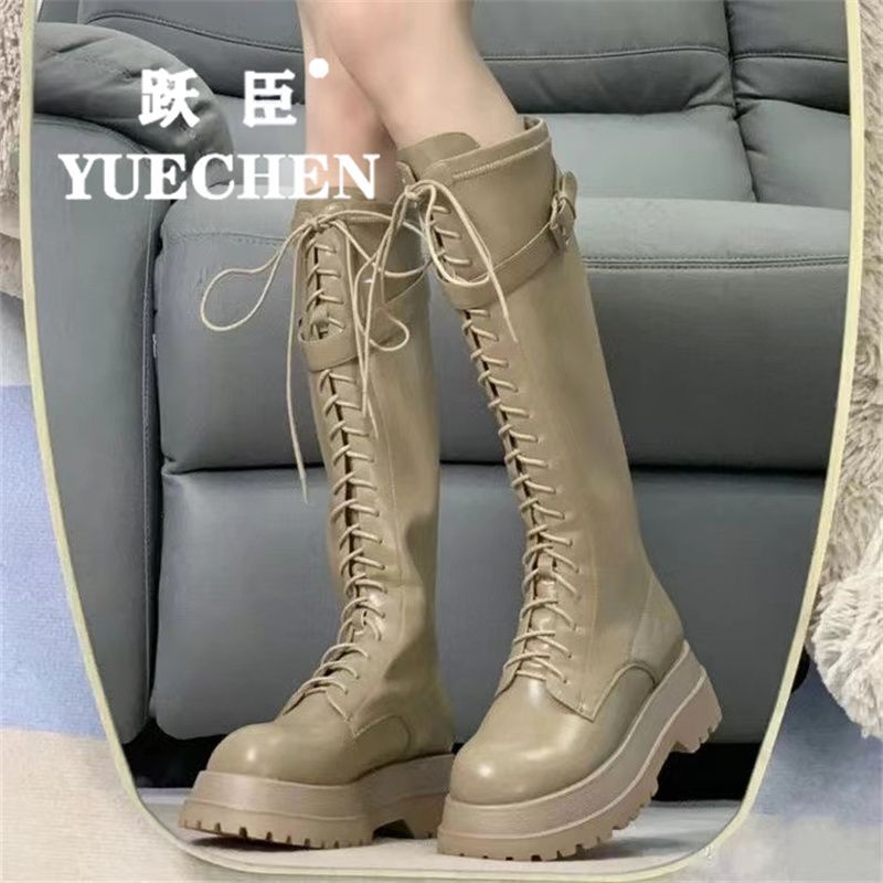 Yuechen custom British style Martin boots women's long boots small white thick-soled lace-up knee-high knight boots