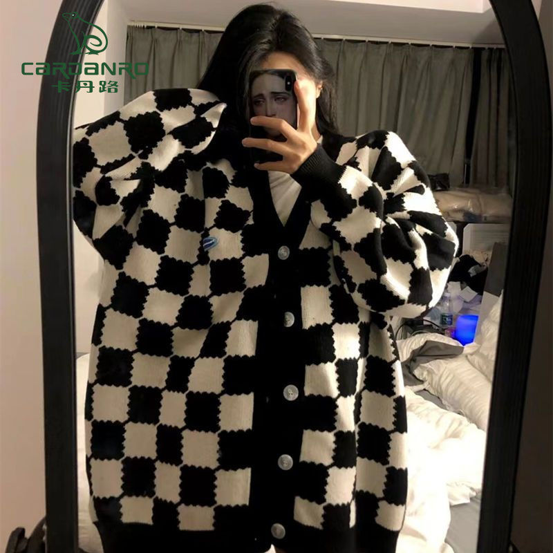 Cardan Road Checkerboard Sweater Women's Early Autumn and Winter New Milk Line Wearing Small Fragrant Style Knitted Cardigan Jacket Tops