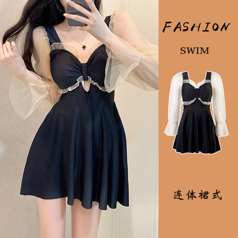 One-piece swimsuit for women 2023 new summer slimming belly-covering conservative long-sleeved fat girl swimsuit skirt style hot spring bathing
