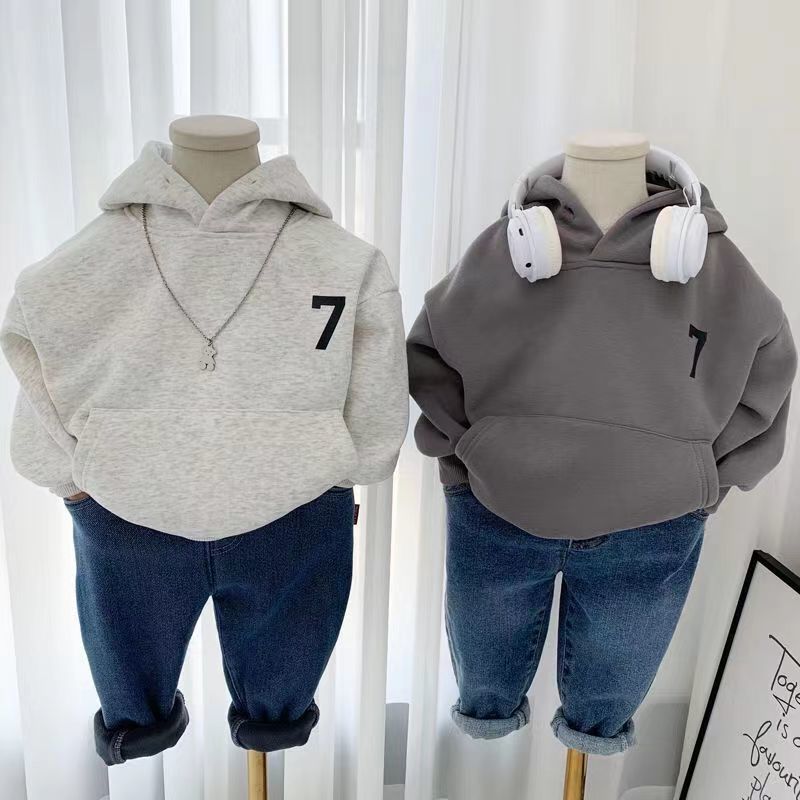 100% pure cotton boy's sweater new middle and big children's hooded bottoming top for children's leisure cotton autumn and winter to keep warm