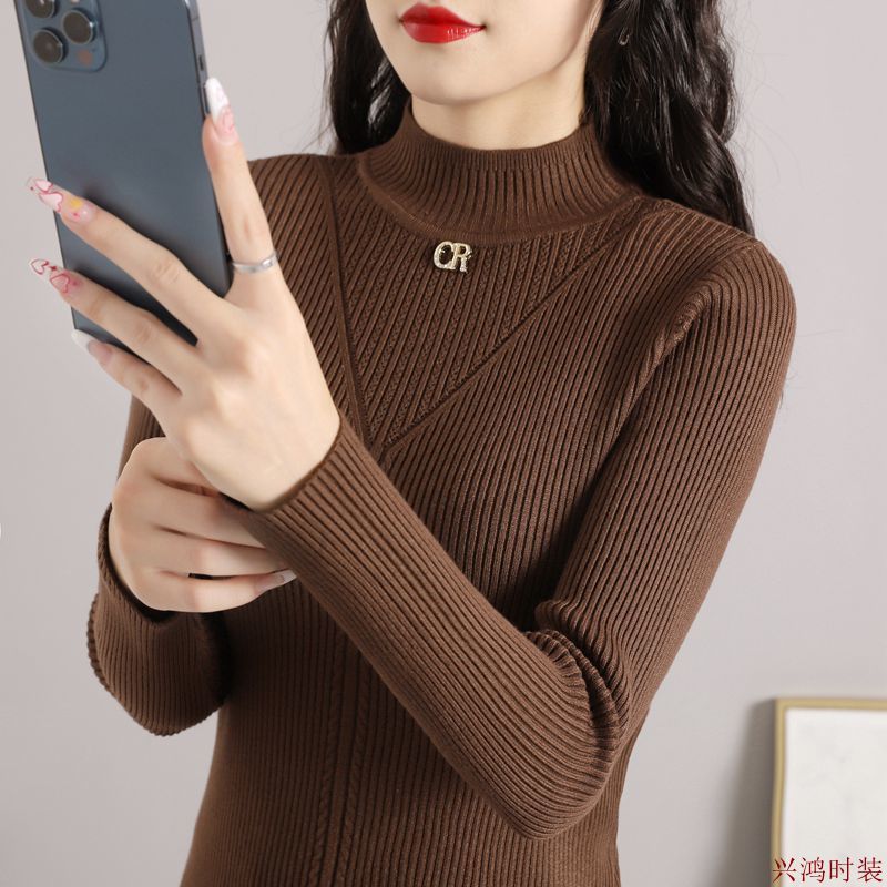 2023年新款秋冬毛衣女韓版修身純色時尚洋氣內搭半高領針織打底衫