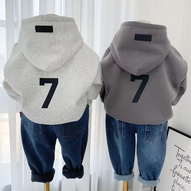 100% pure cotton boy's sweater new middle and big children's hooded bottoming top for children's leisure cotton autumn and winter to keep warm