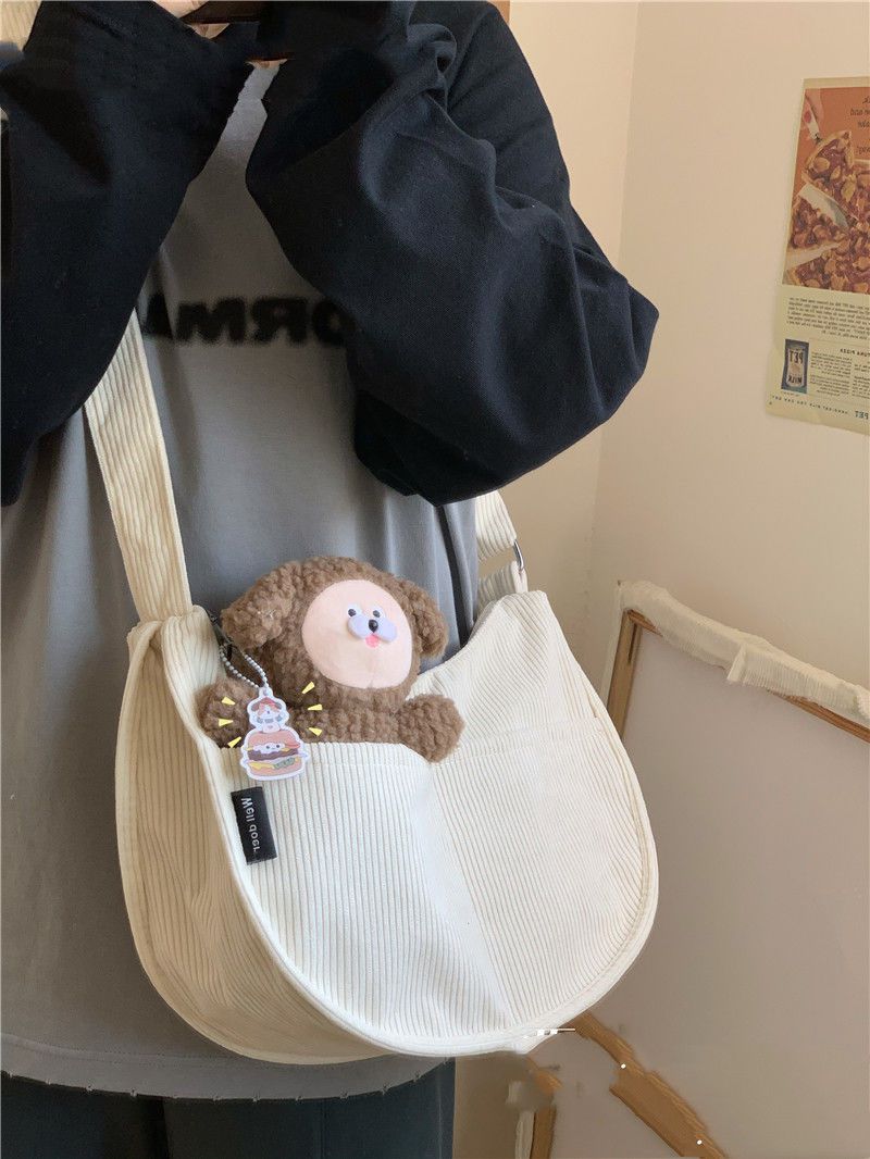 韓版森系少女燈芯絨包包女日系復古簡約百搭百搭斜挎包單肩餃子包