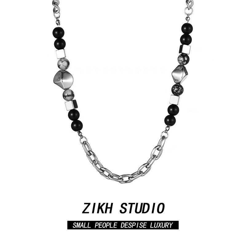 ZIKH original black beaded spliced ​​titanium steel chain hip-hop men's necklace women's high-end niche design clavicle chain