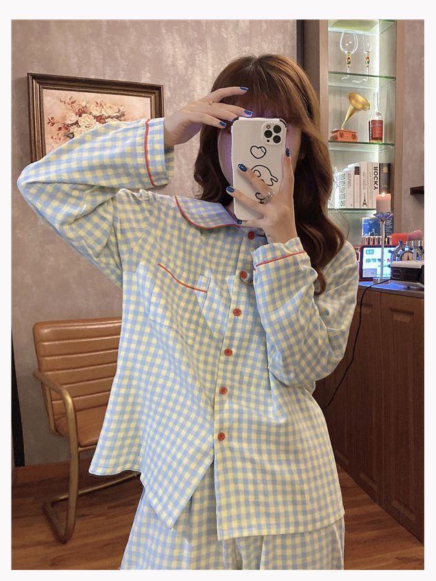 Japanese ins plaid pajamas women's autumn and winter long-sleeved sweet cardigan Internet celebrity style student spring home wear set