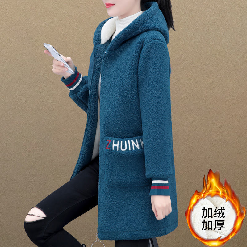 冬季加厚加绒羊羔绒外套女2023新款韩版连帽保暖显瘦中长款卫衣潮