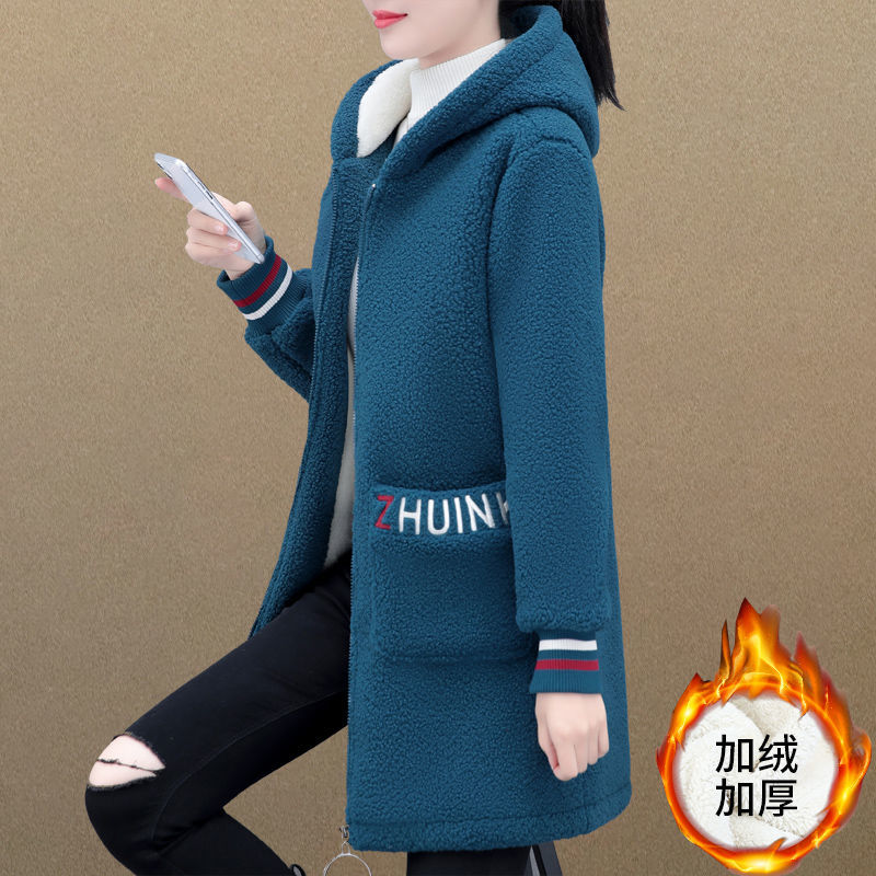 冬季加厚加絨羊羔絨外套女2023新款韓版連帽保暖顯瘦中長款衛衣潮