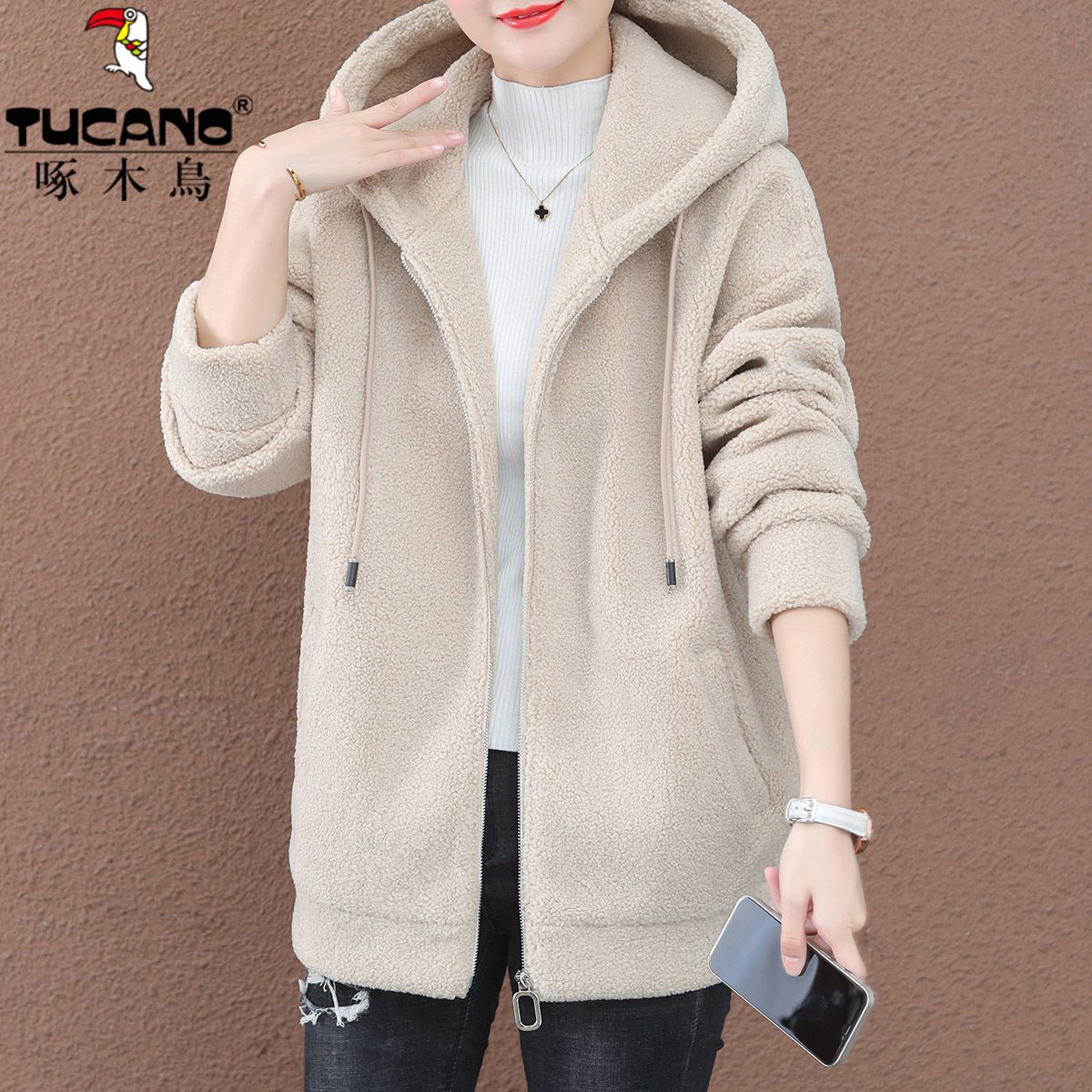 Winter velvet thickened sherpa sweatshirt for women 2023 new style mid-length zipper cardigan autumn and winter thick style