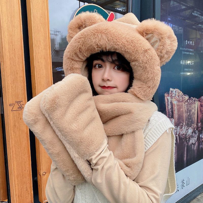 小熊帽子围巾一体女秋冬季百搭2023年新款洋气可爱保暖毛绒防寒帽