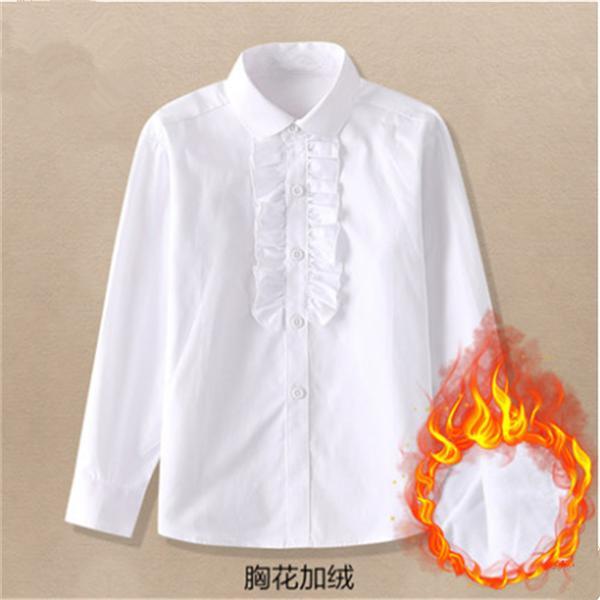 Children's white shirt girls long-sleeved pure cotton plus velvet thickened warm white shirt middle and big children's school performance clothing