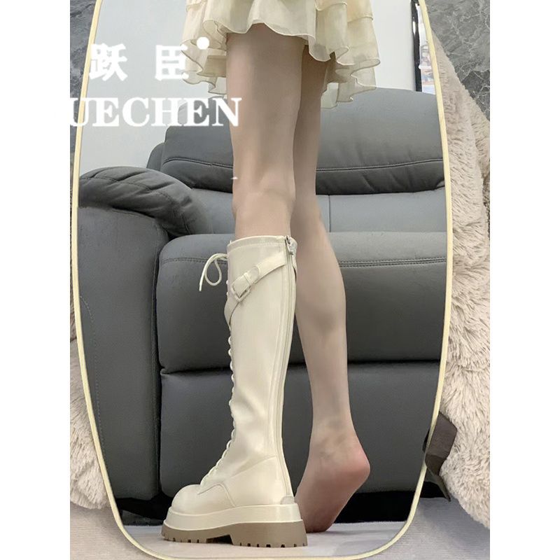 Yuechen custom British style Martin boots women's long boots small white thick-soled lace-up knee-high knight boots