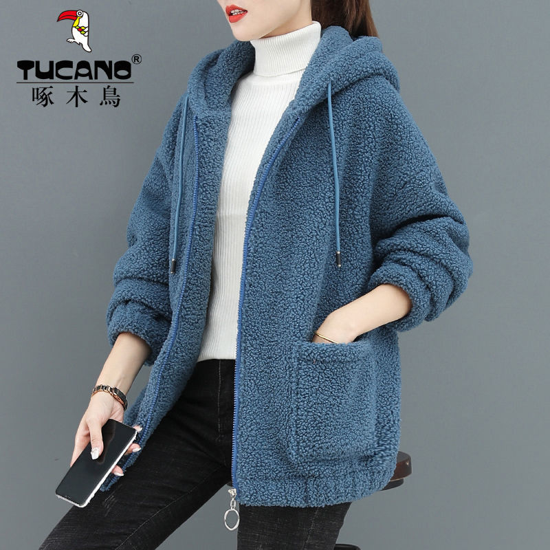 Lamb fleece sweatshirt for women winter velvet thickened 2023 new autumn and winter loose zipper cardigan jacket