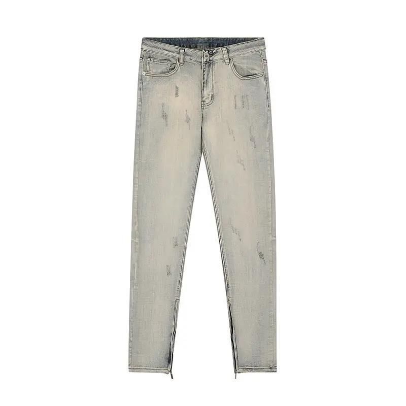 Split zipper FOG yellow mud batik high street washed old three-dimensional slim straight vibe style jeans trousers