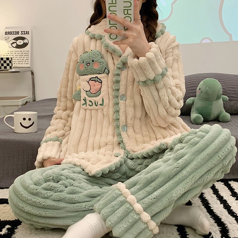 Flannel Pajamas Women's Winter Cardigan Thickened Cartoon Coral Fleece Ladies Large Size Simple Loose Homewear Set