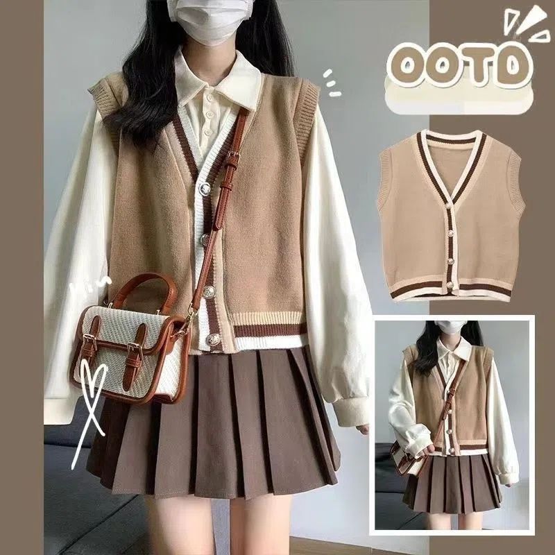 Three-piece suit spring and autumn French retro knitted sweater cardigan vest with Polo collar shirt women's pleated skirt