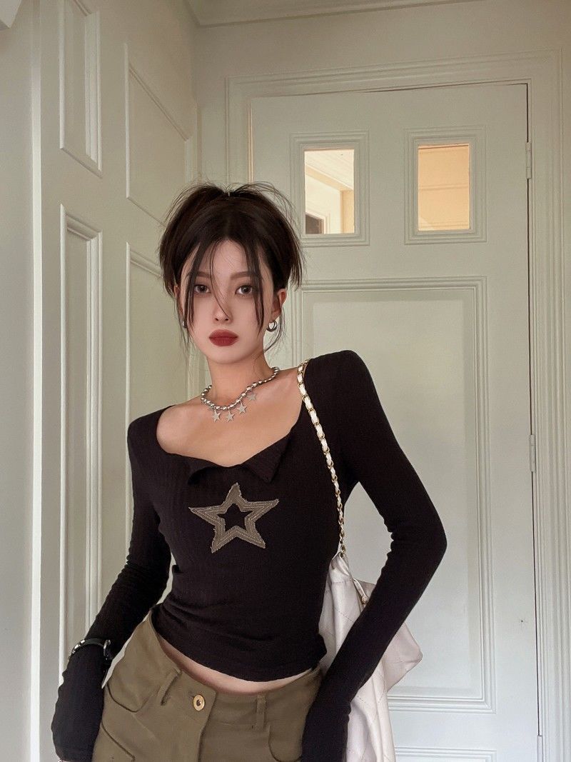 Ins sexy high waist one-shoulder babes top ladies autumn and winter short tight-fitting bottoming shirt long-sleeved outerwear T-shirt spring