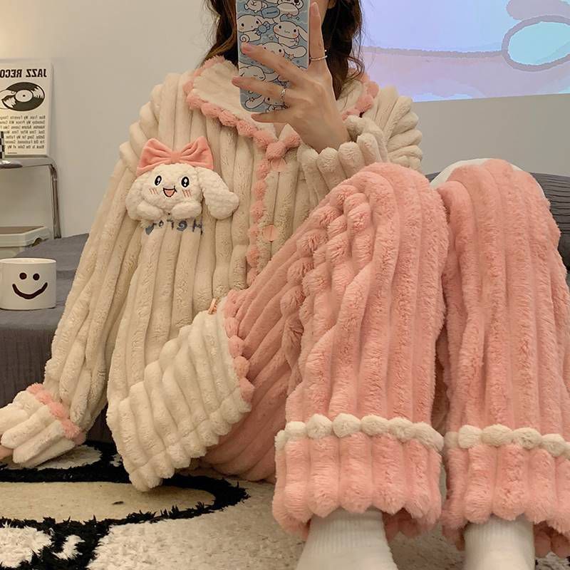 Coral fleece pajamas women's autumn and winter cardigan thickened cute cartoon large size simple casual loose home service suit