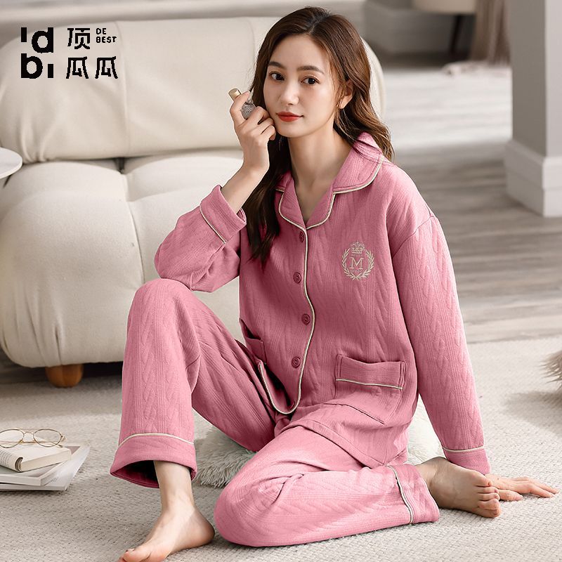 Air cotton pajamas women's spring and autumn thickened cotton long-sleeved home service autumn and winter interlayer quilted women