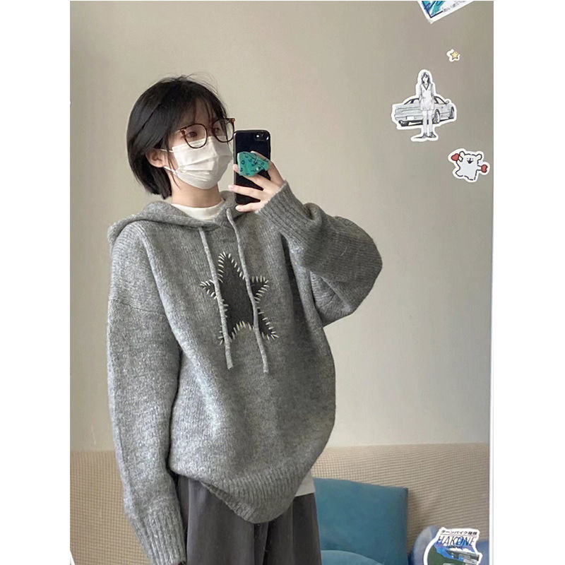 灰色毛衣女秋冬韓版慵懶風設計感小眾復古軟軟糯糯連帽針織衫上衣