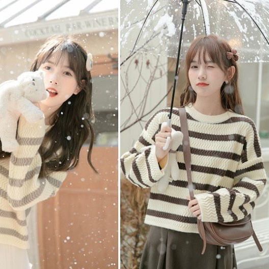 Striped sweater women's autumn and winter  new Korean style gentle and versatile loose and lazy small short knitted sweater