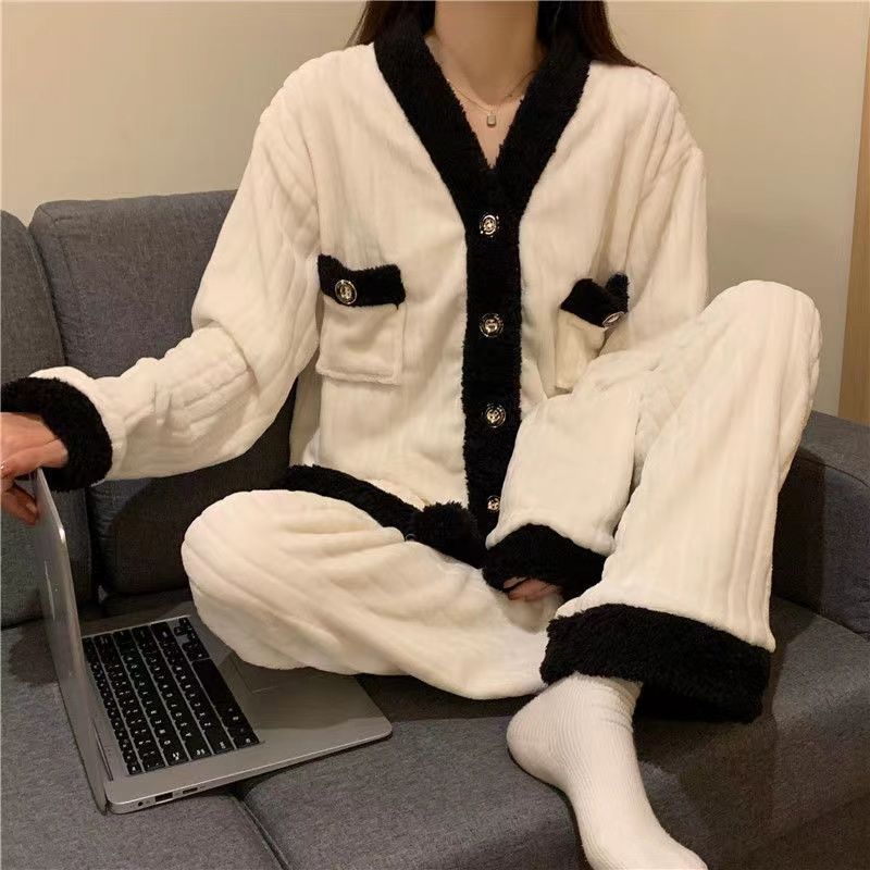 加絨加厚珊瑚絨睡衣女秋冬季網紅爆款ins風法蘭絨家居服保暖套裝