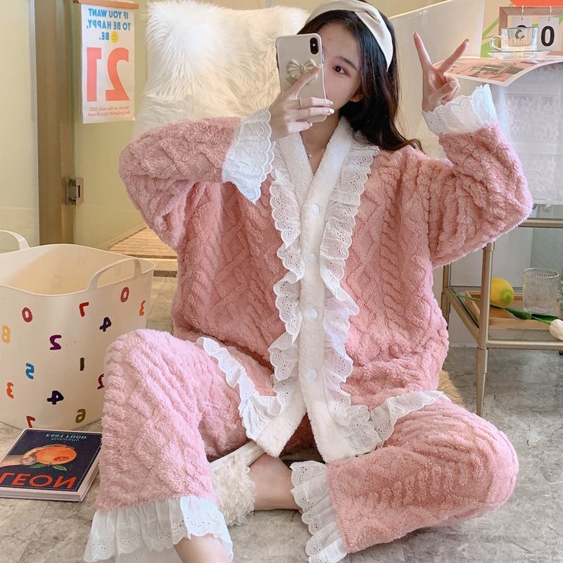Fat sister plus size pajamas women's autumn and winter thickened coral fleece sweet lace ladies loose version home service suit