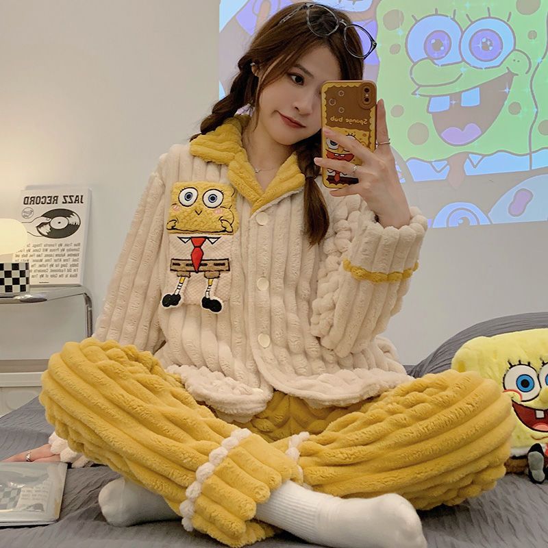 Pajamas women's winter cardigan thickened coral fleece sweet student large size loose fat mm can be worn outside home service suit