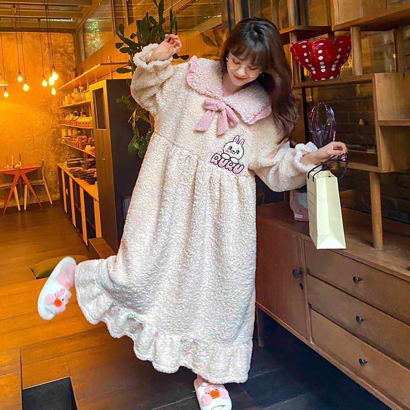Flannel nightdress autumn and winter coral fleece cute and sweet student dormitory princess style can be worn outside home service nightgown
