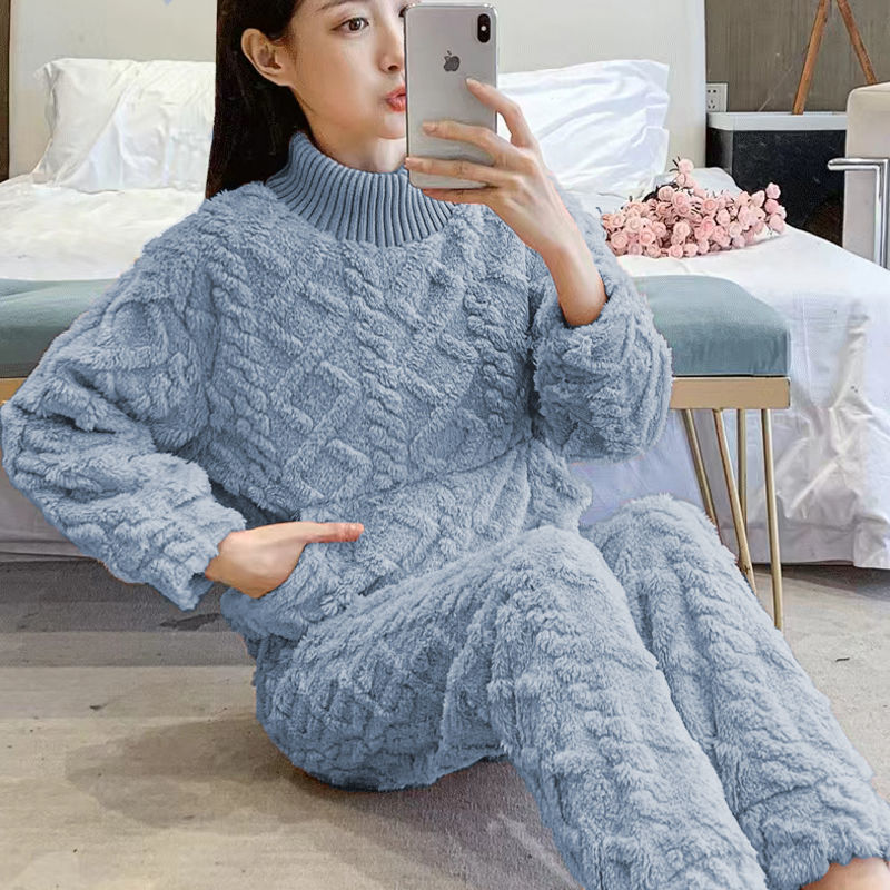 Coral fleece pajamas women's autumn and winter high-necked solid color fresh thickened high-value loose plus size home service suit
