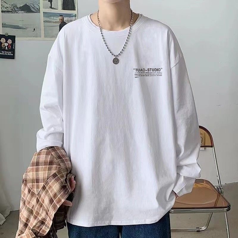 100%純棉長袖t恤男潮牌寬鬆圓領打底衫ins上衣學生春秋港風內搭T