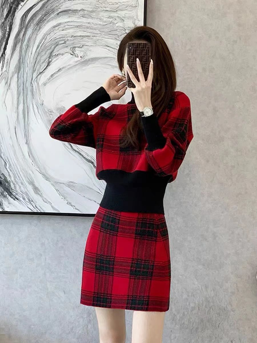 單件/套裝女2022新款秋冬顯瘦高級感紅色格子短裙針織上衣兩件套