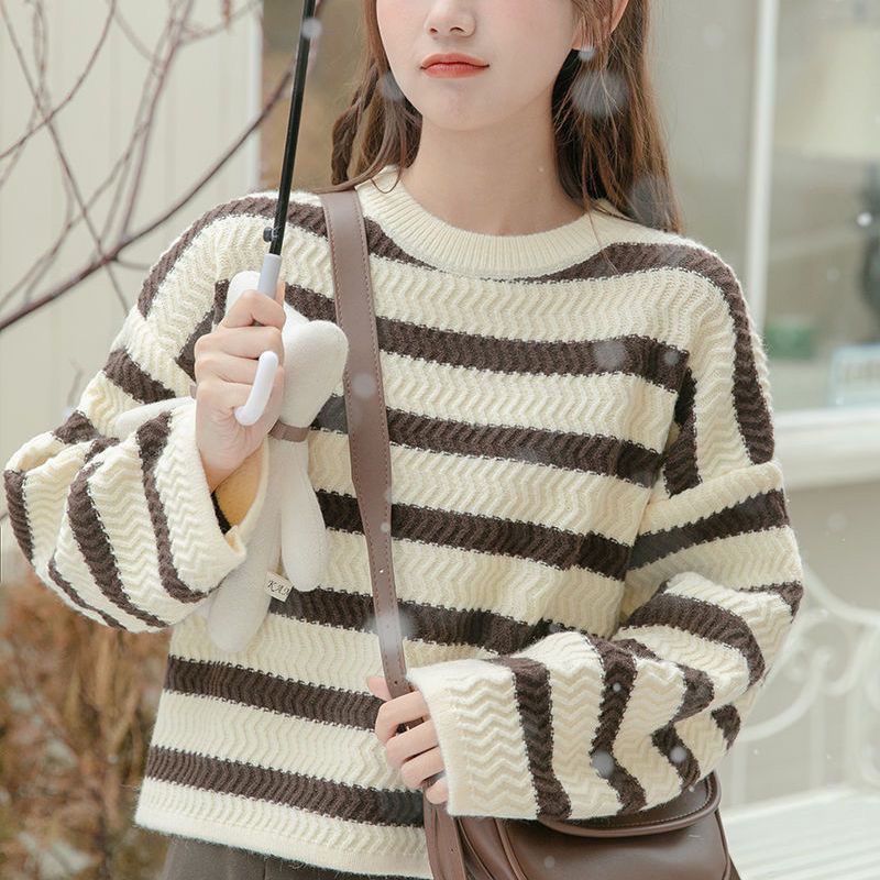 Striped sweater women's autumn and winter  new Korean style gentle and versatile loose and lazy small short knitted sweater