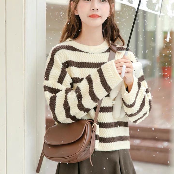 Striped sweater women's autumn and winter  new Korean style gentle and versatile loose and lazy small short knitted sweater