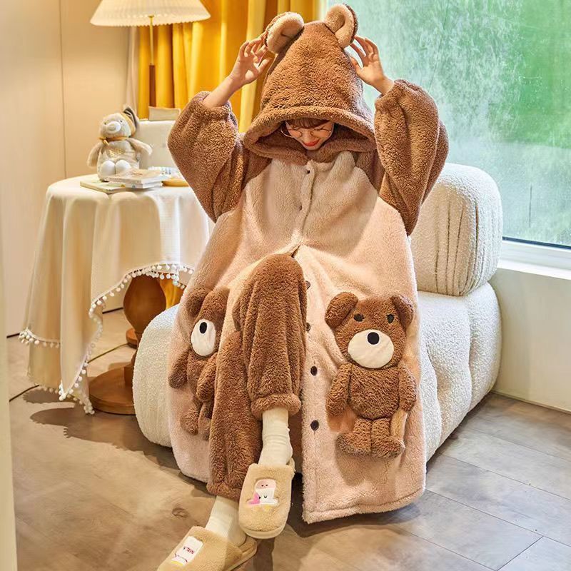 Plush nightgown women's autumn and winter thickened coral fleece sweet and cute bear large size loose version home service suit