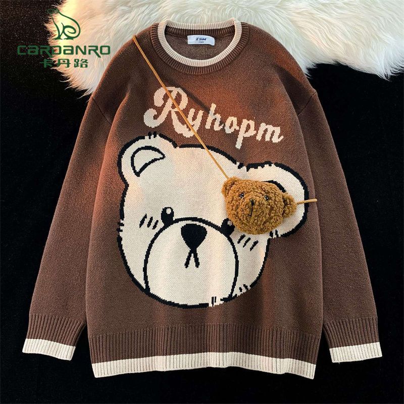 Kadan Road Japanese retro small bear sweater women's autumn and winter lazy wind ins super hot different couple models