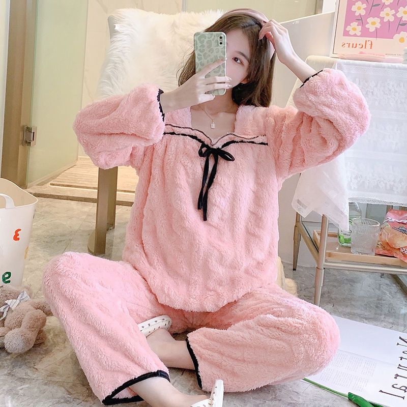 Pajamas Women's Autumn and Winter Thick Coral Fleece Princess Wind Warm Flannel Ladies Large Size Loose Homewear Set