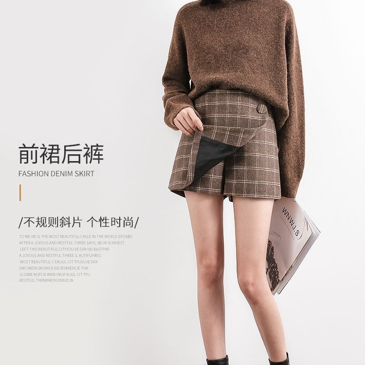 Woolen shorts women's autumn and winter high waist new style shorts skirt plaid skirt skirt winter with boots